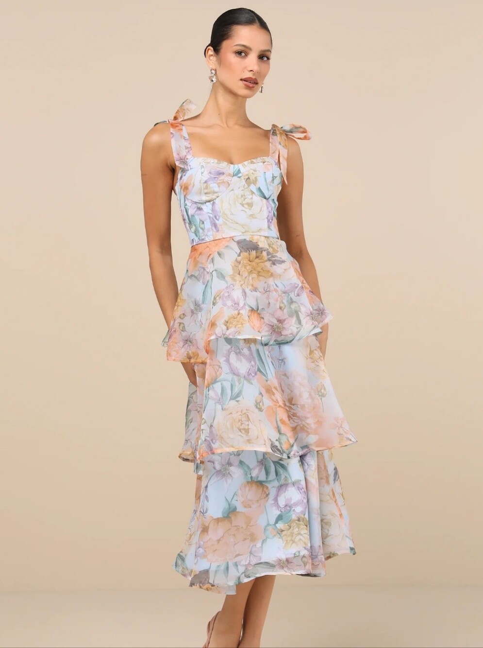 NWOT Lulus Floral Organza Tie-Strap Tiered Midi Dress Sz S Coquette